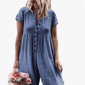 ZKESS Women Casual Button Down Short Sleeve Solid Wide Leg Jumpsuit